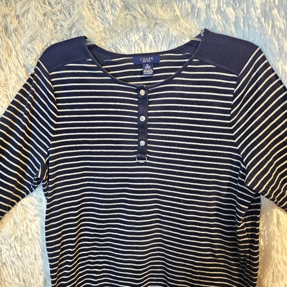 Chaps Silver Sparkly Stripes Blue Henley Top Size 1X Classic Nautical Coastal